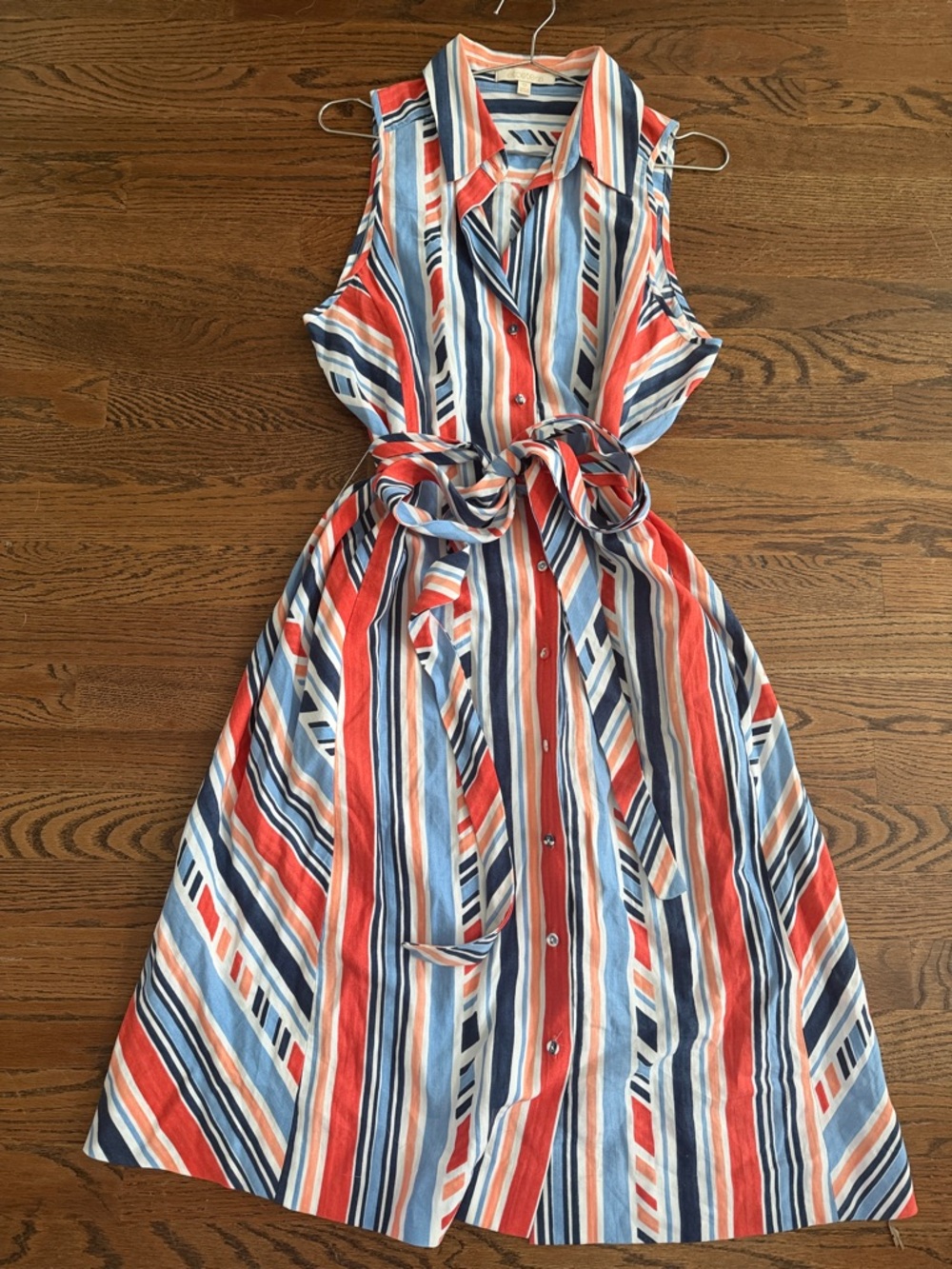 Etcetera Sleeveless Striped belted Shirt Dress in Coral, Navy & Light Blue Sz 12